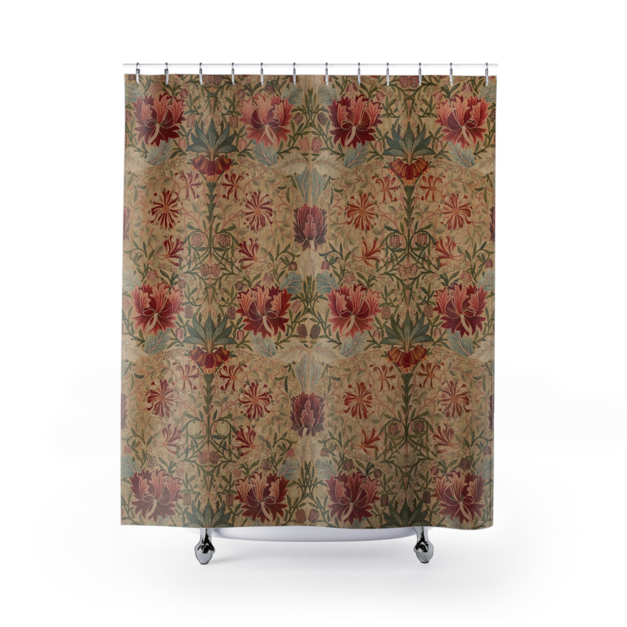 Honeysuckle Embroidery Shower Curtain – Red on Cream