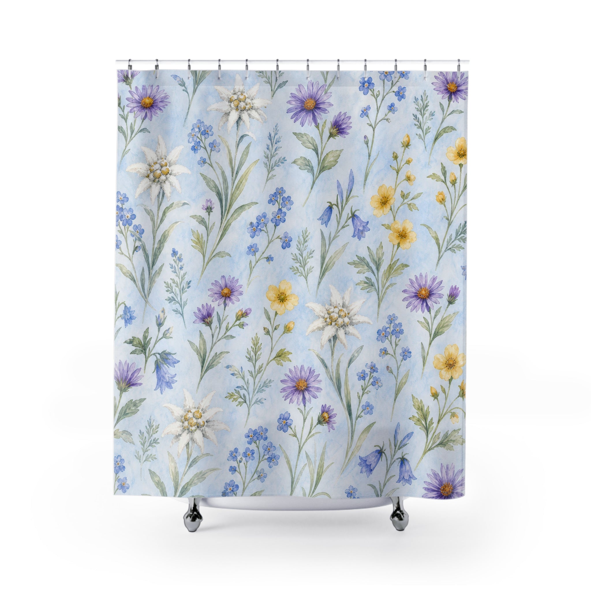 Blue Yellow Wildflower Watercolor Floral Pastel Flower Botanical Shower Curtain