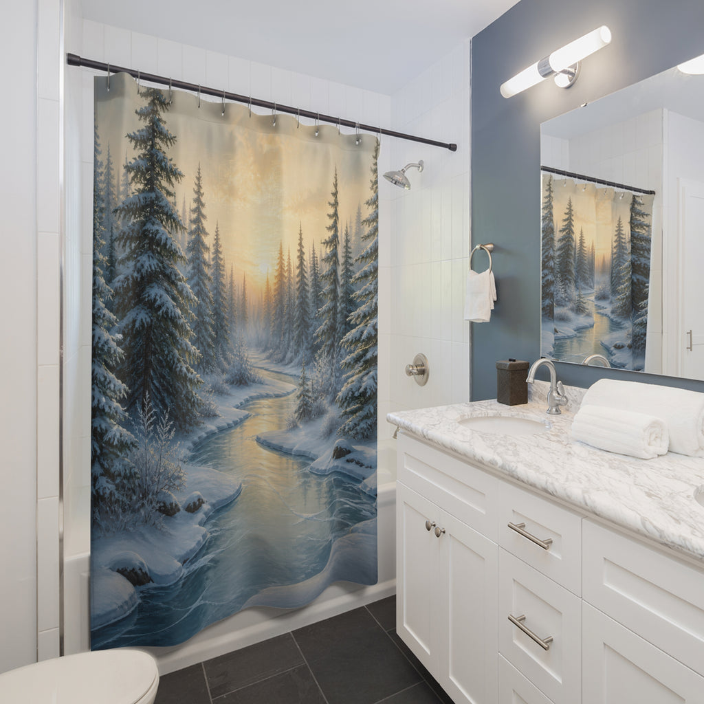 Winter woodland frozen creek forest shower curtain beside a white vanity