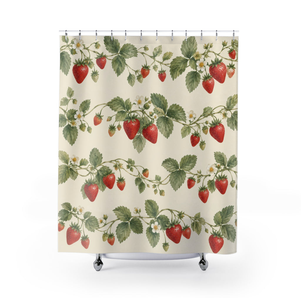 Red strawberries and sage leaves in rows on ivory shower curtain with full front view