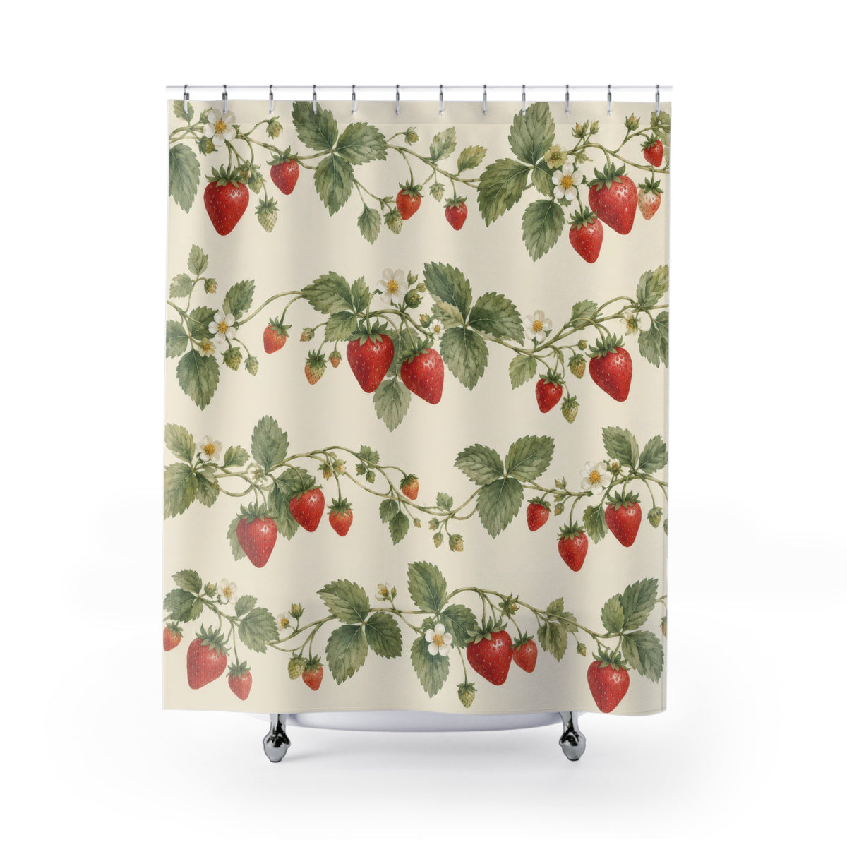 Red strawberries and sage leaves in rows on ivory shower curtain with full front view