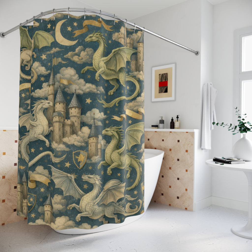 Fantasy Dragon Shower Curtain – Kids Blue & Sage Castle