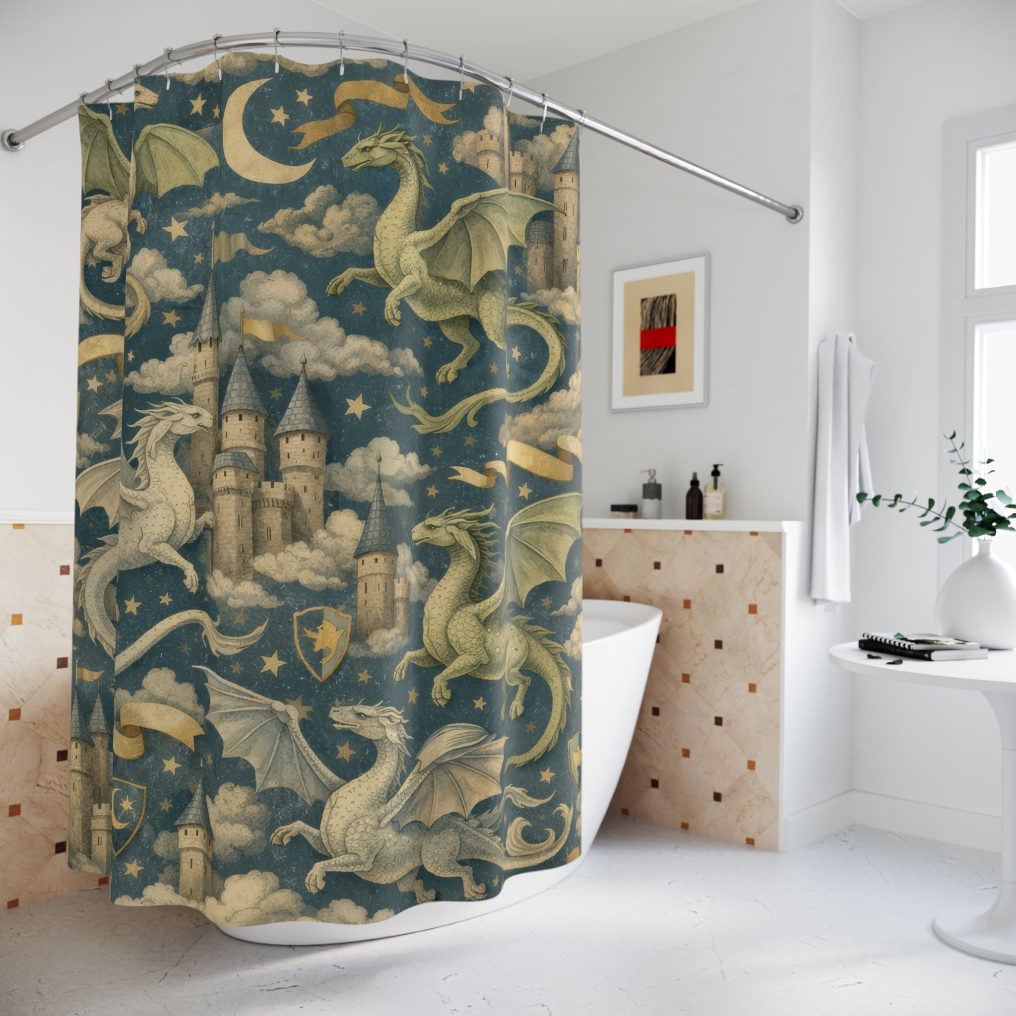 Fantasy Dragon Shower Curtain – Kids Blue & Sage Castle