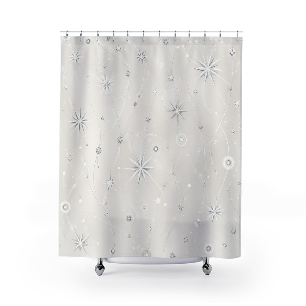 Silver starbursts and faceted nodes linked by white orbit lines shower curtain with full front view