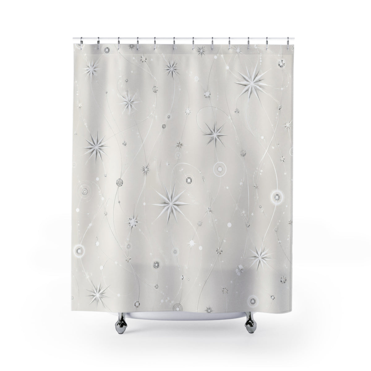 Silver starbursts and faceted nodes linked by white orbit lines shower curtain with full front view