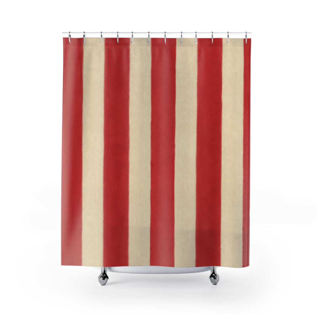Red And White Striped Shower Curtain, Cabana Bath Decor, Cream Red Vertical Stripe Pattern, Classic Guest Bathroom Decor, Cabana Style