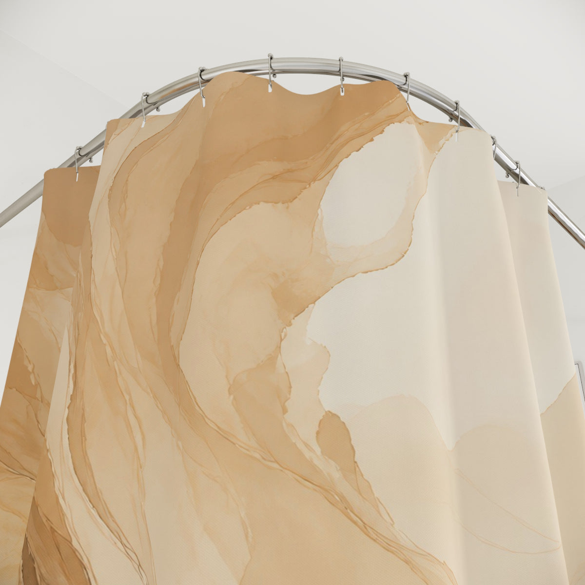 Sweeping tan caramel and cream mineral plume abstraction shower curtain with close-up print, hooks, and folds