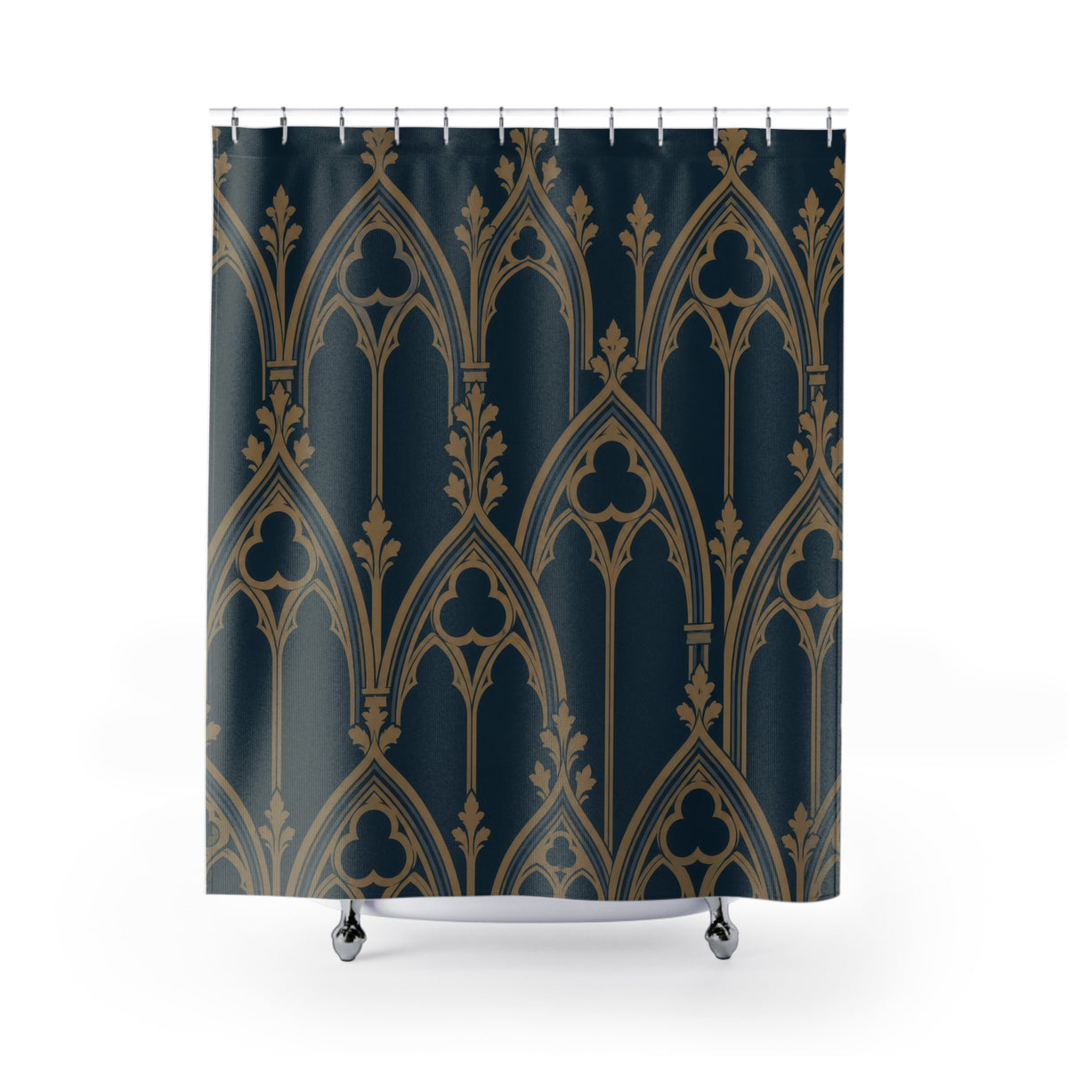 Ochre pointed arches and trefoil tracery on dark navy shower curtain with full front view