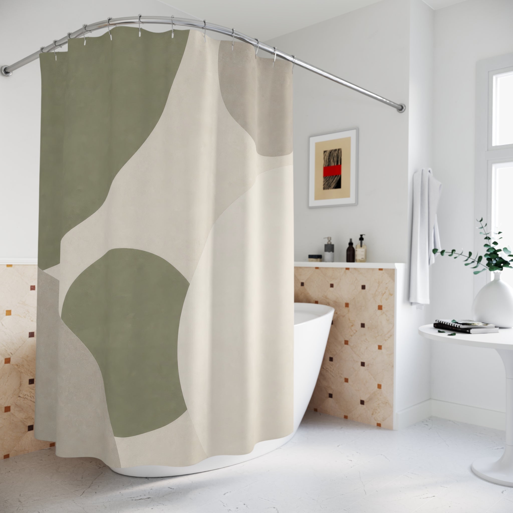 Beige Gray Abstract Sage Green Shower Curtain