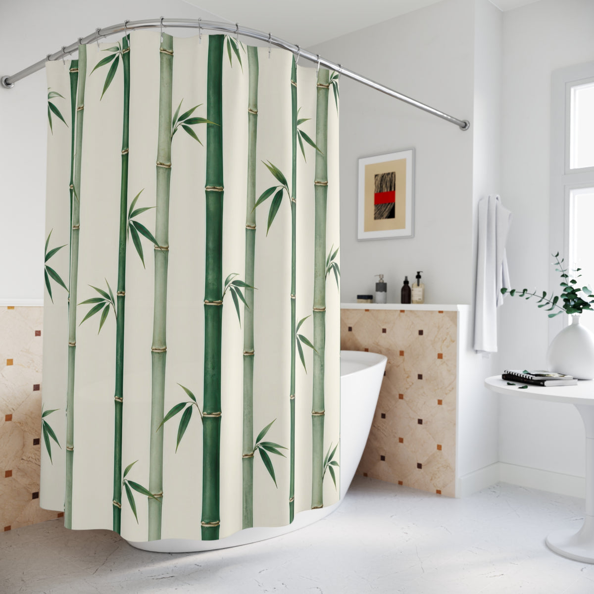 Green bamboo canes and small leaf fans on ivory shower curtain beside a freestanding tub