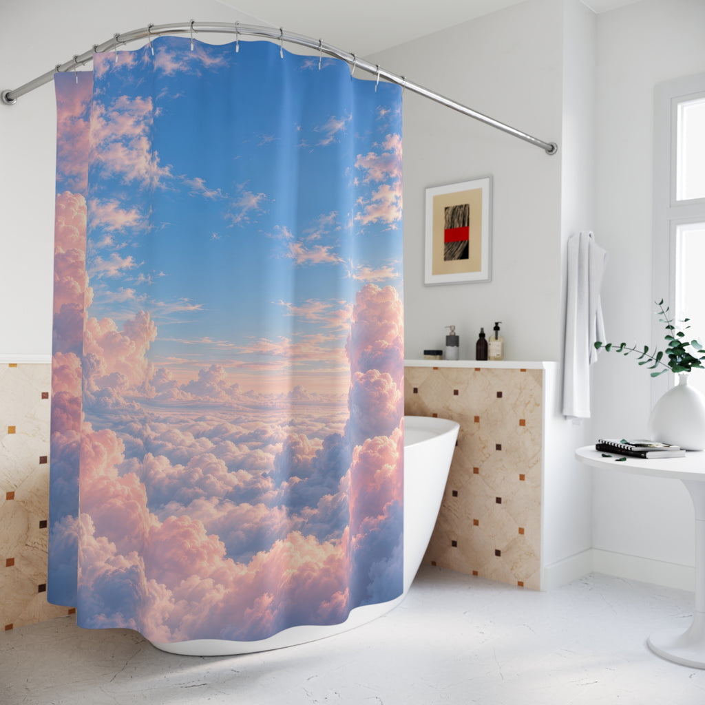 Pink cumulus clouds around an open blue sky shower curtain beside a freestanding tub