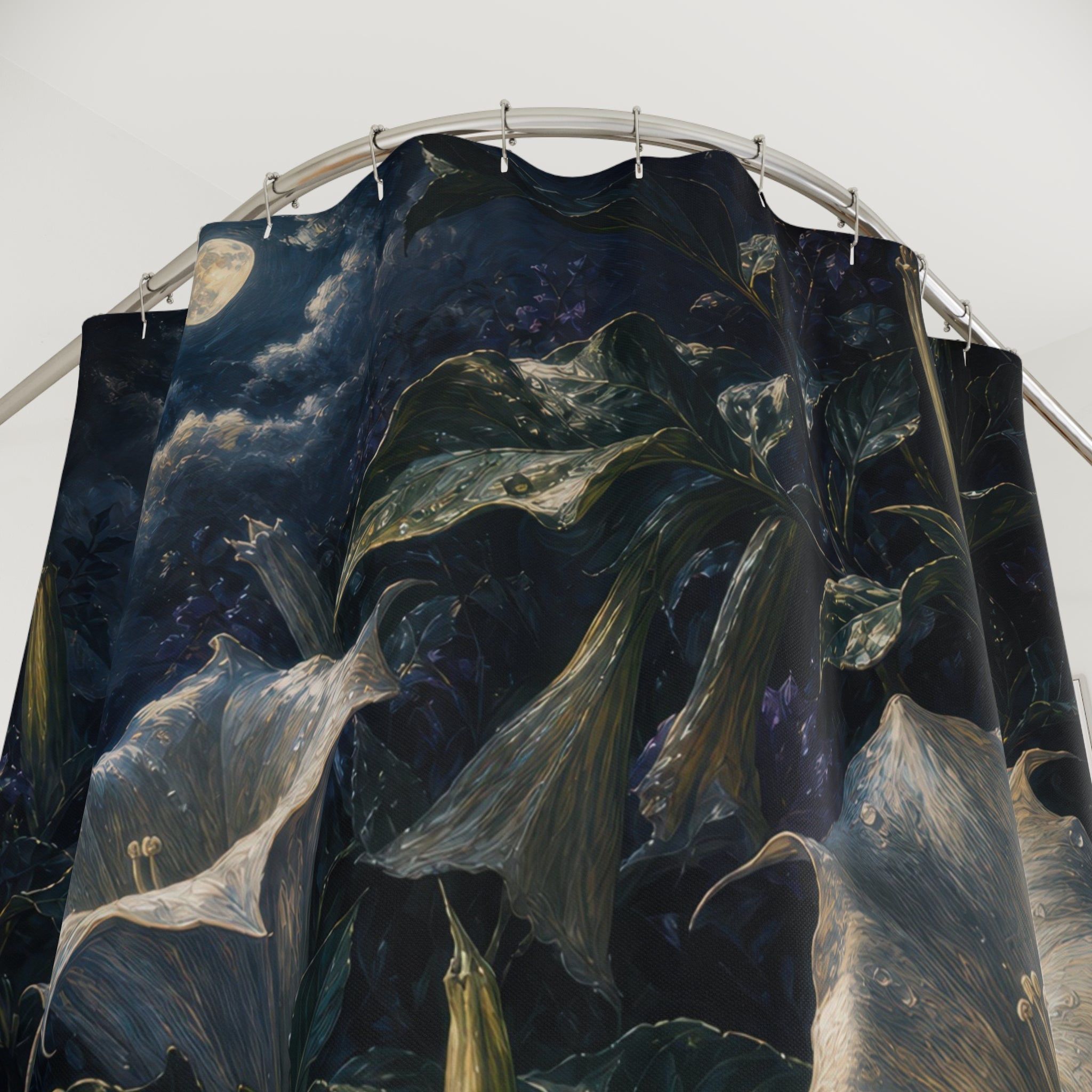 Dark Oil Moonlit Datura Shower Curtain