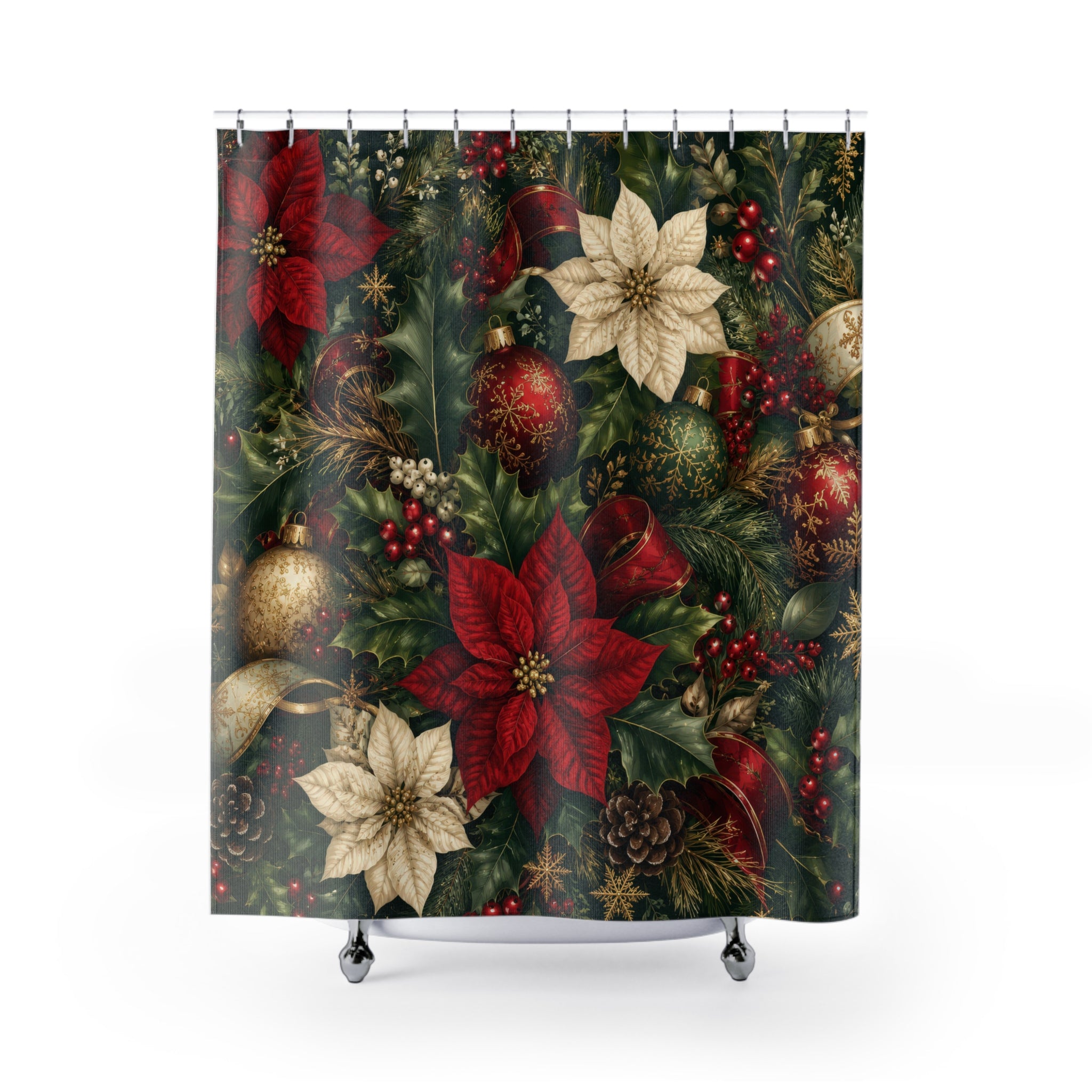 Christmas Shower Curtain: Red Green Gold Poinsettia