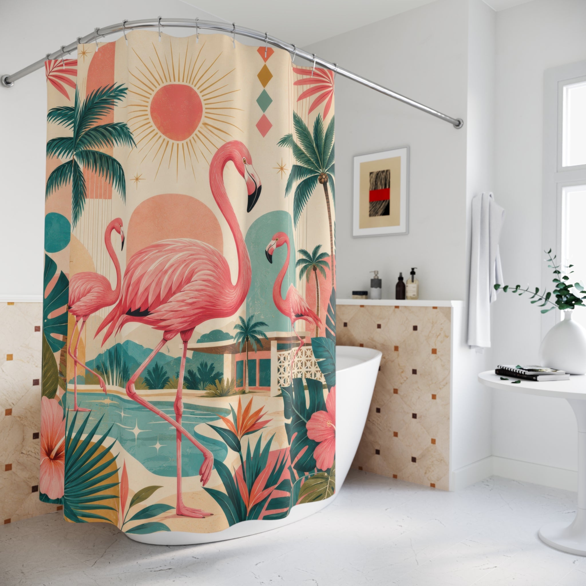 Retro Flamingo Shower Curtain: Pink Tropical Palm