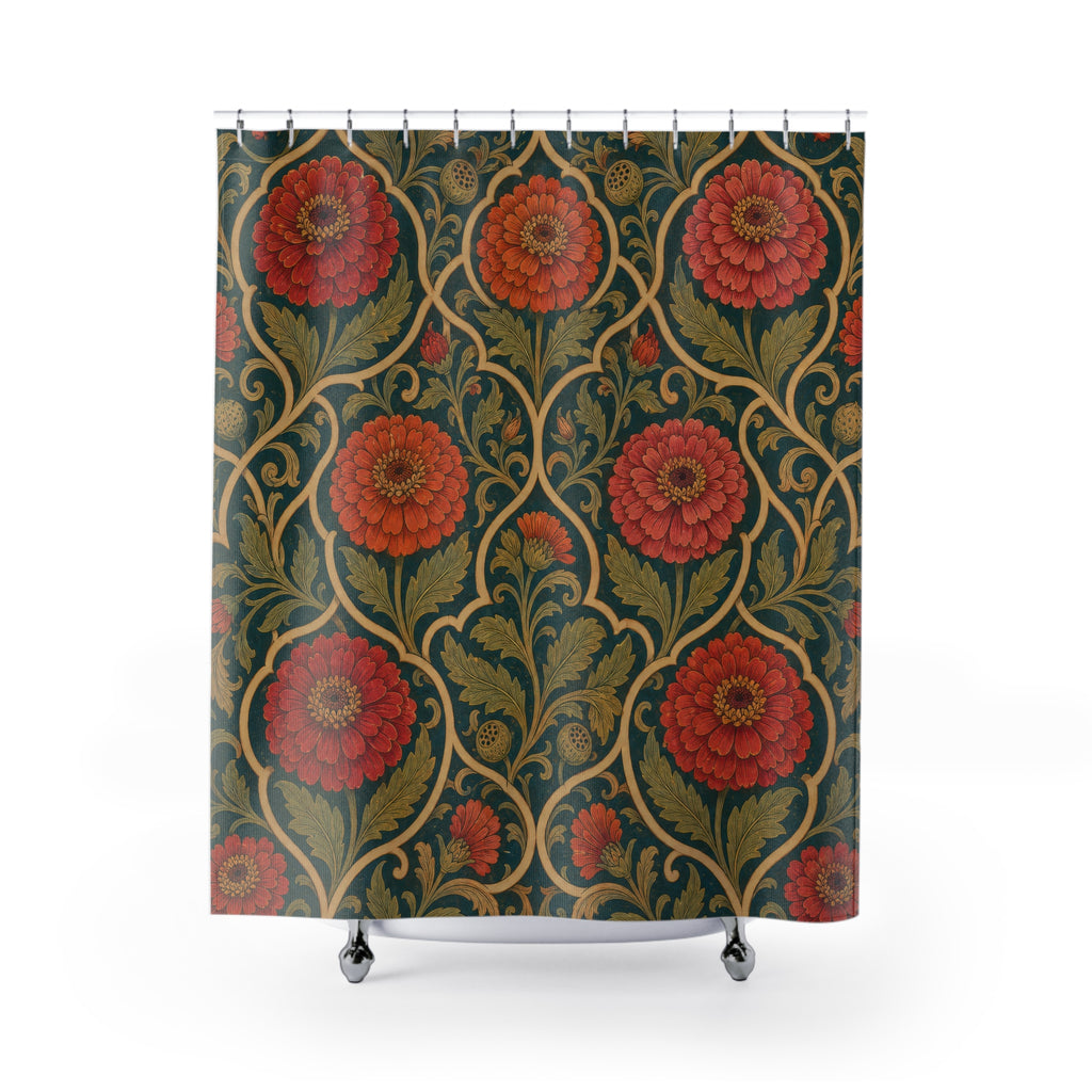 Arts and Crafts zinnia ogee pattern shower curtain with full front view
