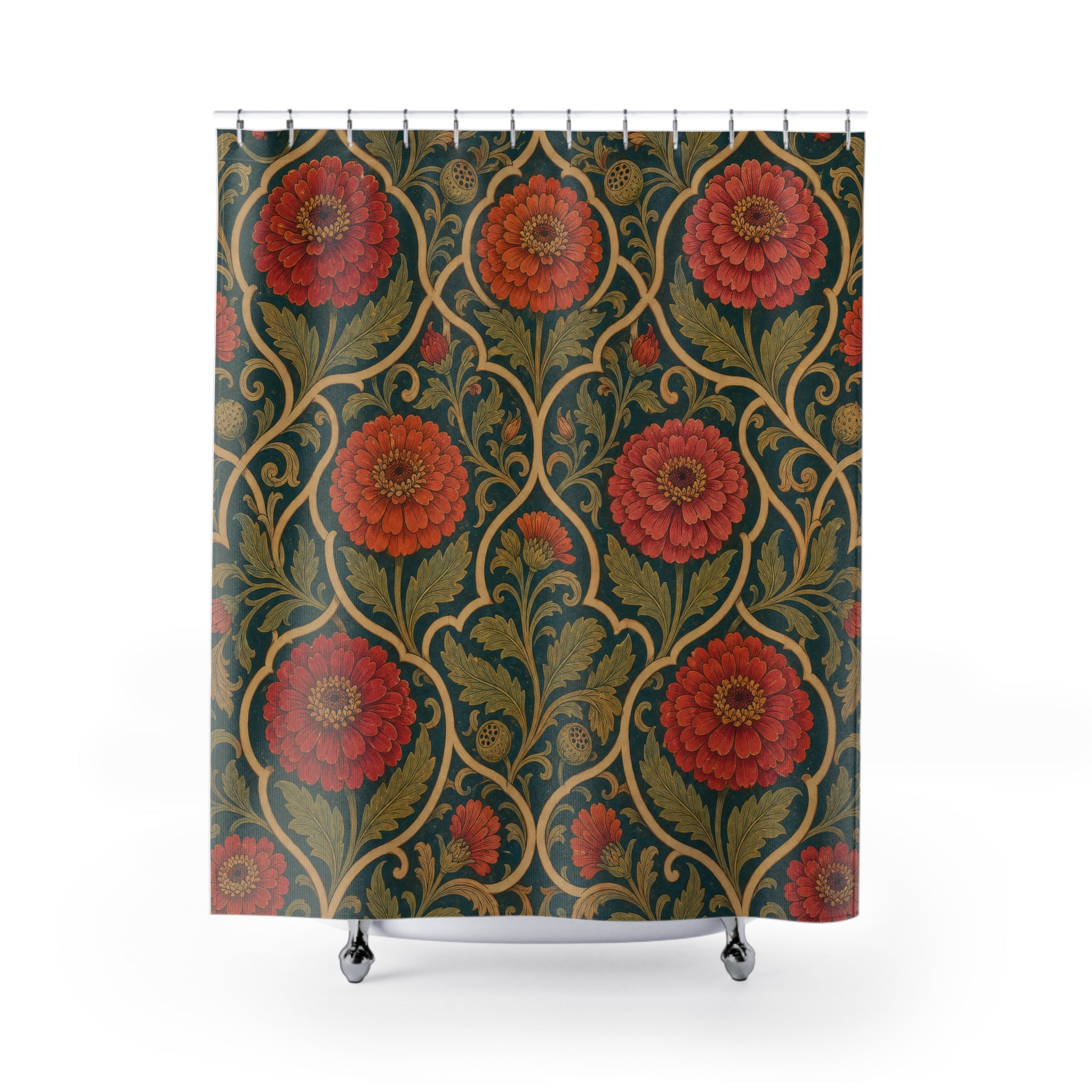 Arts and Crafts zinnia ogee pattern shower curtain with full front view