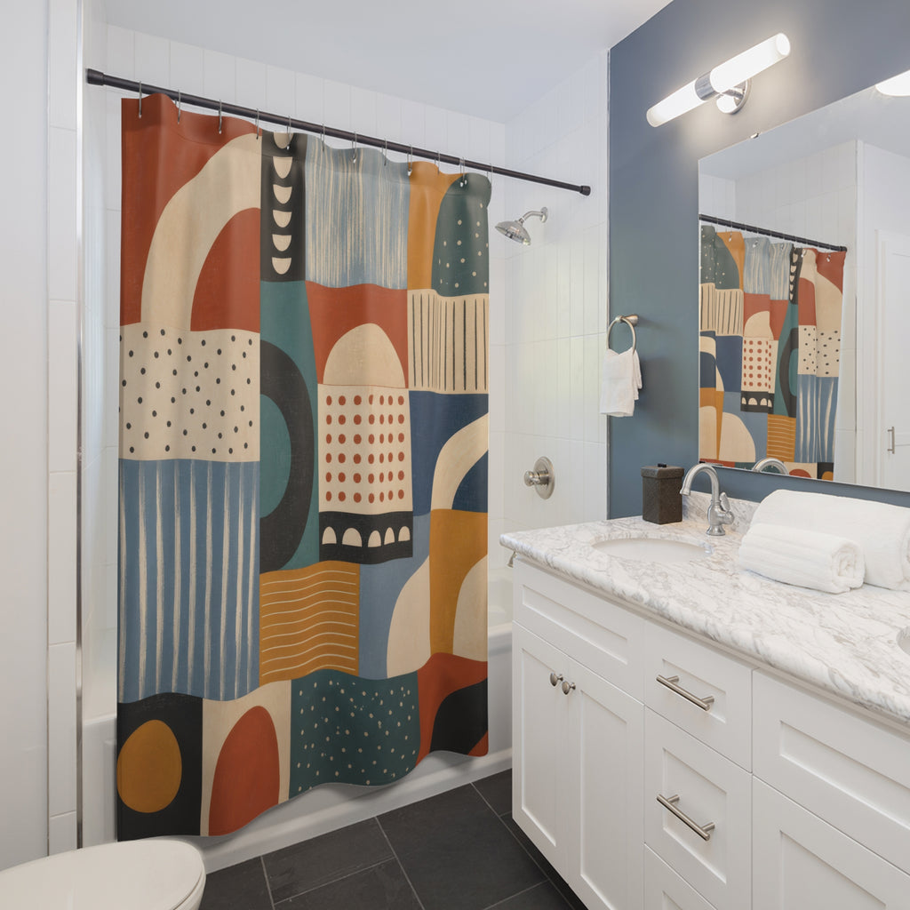 Modernist patchwork color blocks shower curtain beside a white vanity