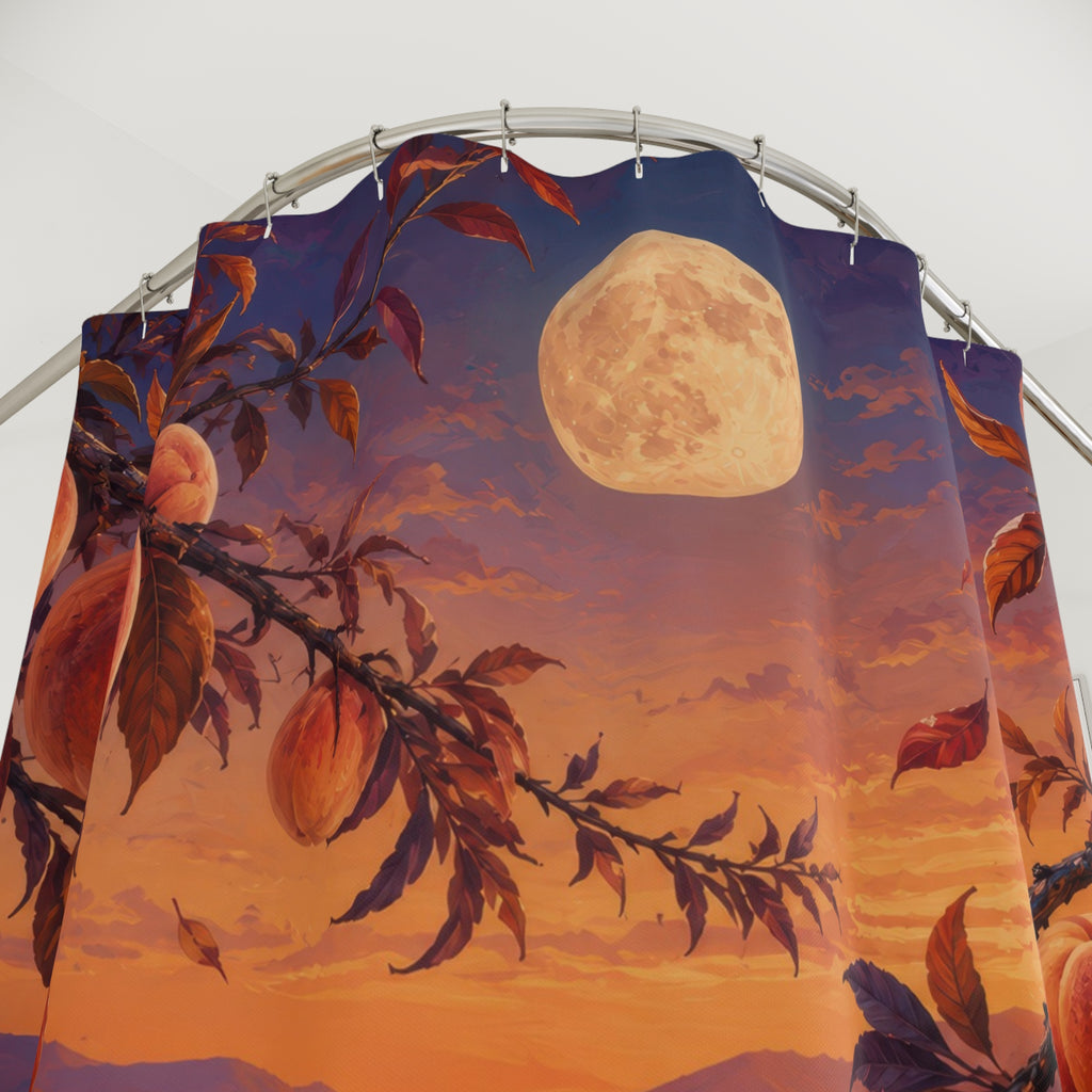 Peaches above an autumn orchard at sunset shower curtain with close-up print, hooks, and folds