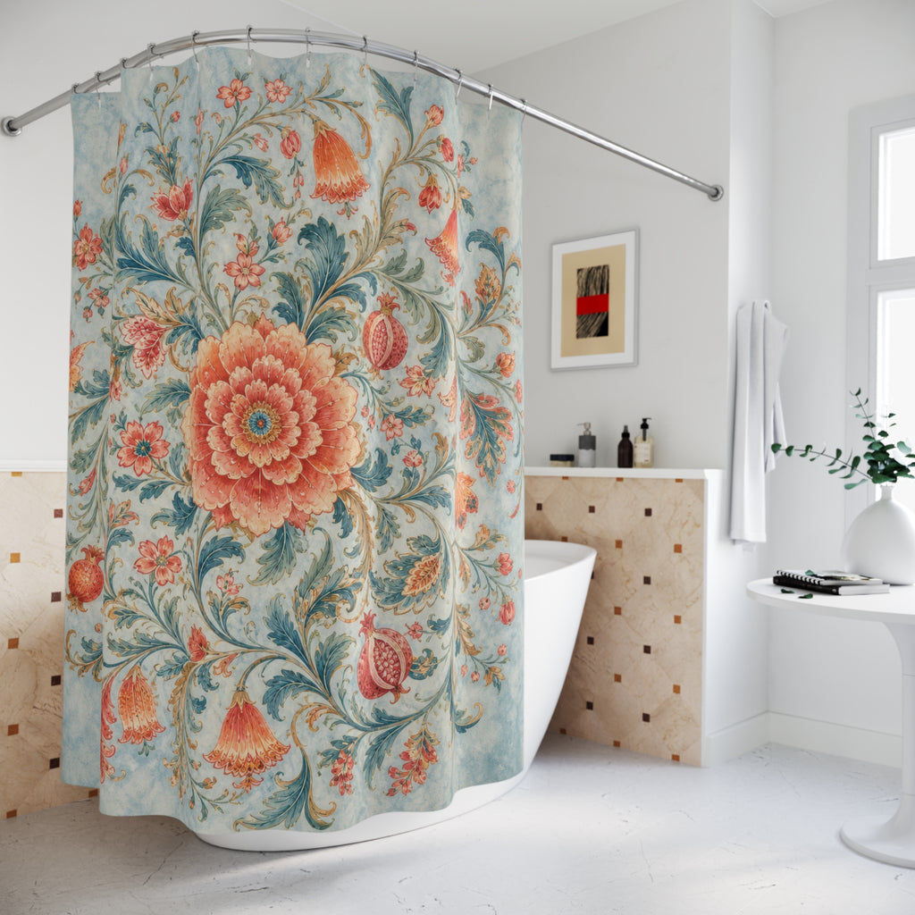 Airy blue pink Jacobean floral medallion shower curtain beside a freestanding tub