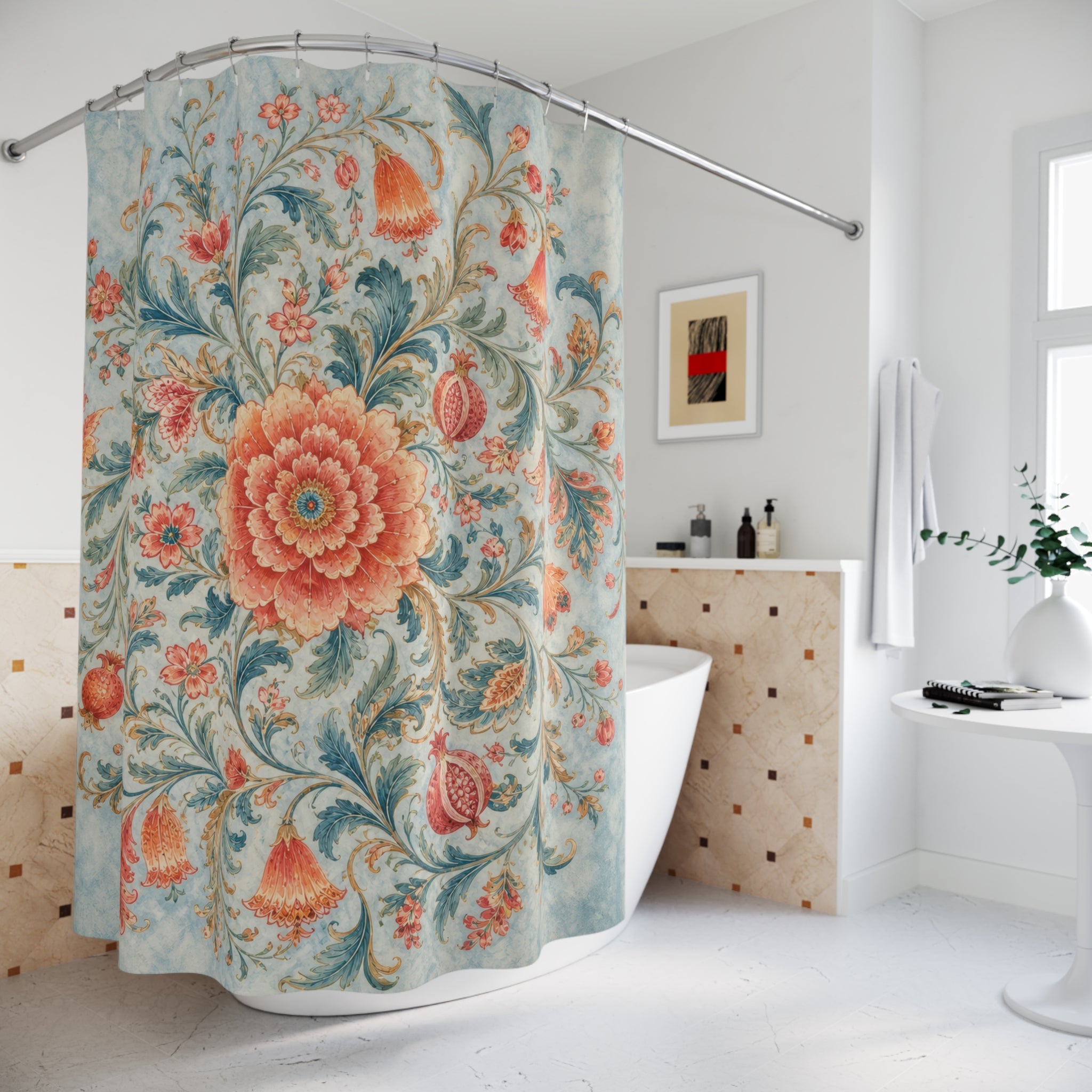 Airy blue pink Jacobean floral medallion shower curtain beside a freestanding tub
