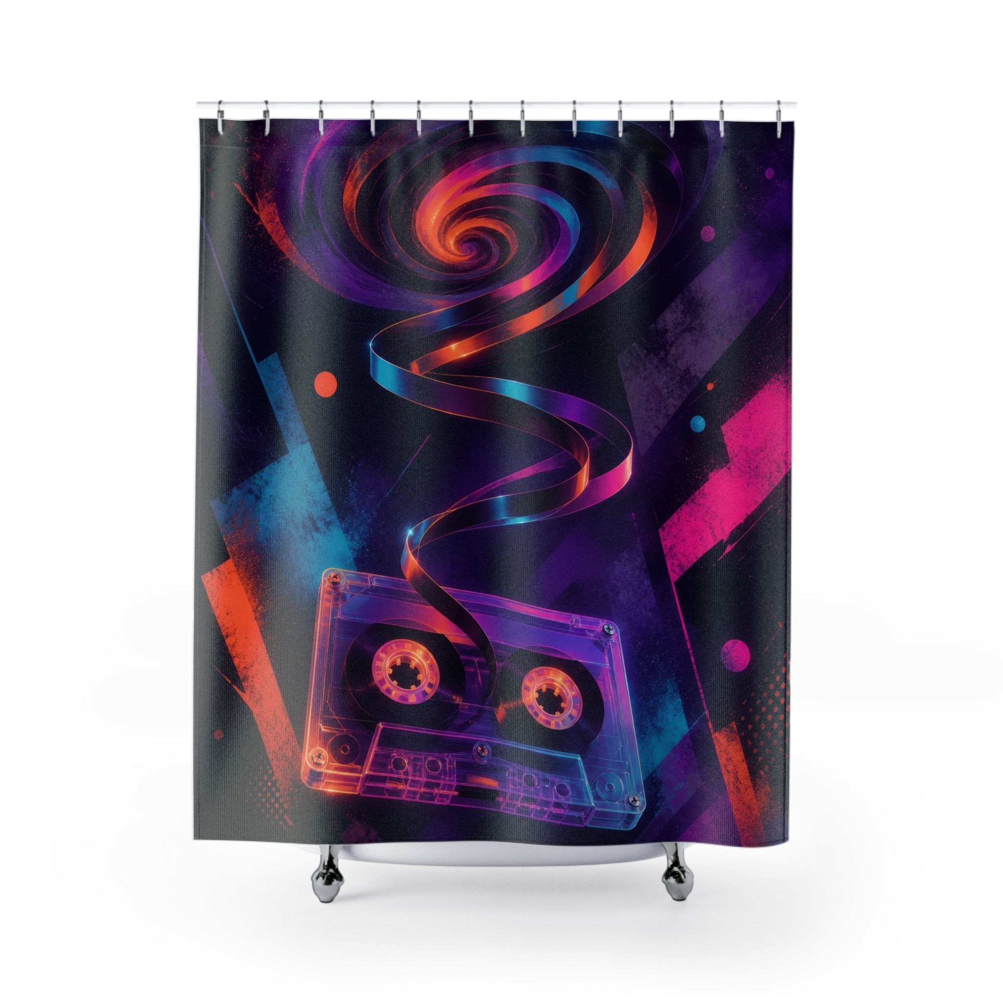 Translucent cassette with spiraling tape and neon spray shapes shower curtain with full front view