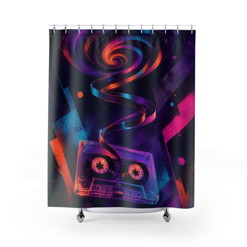 Translucent cassette with spiraling tape and neon spray shapes shower curtain with full front view