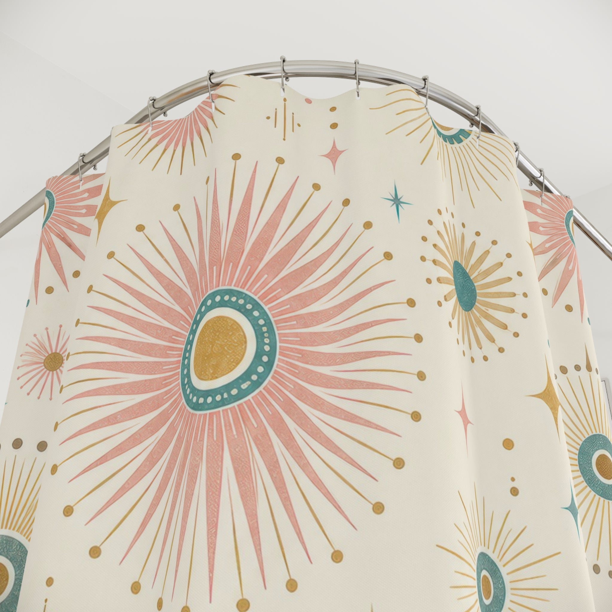 Retro Shower Curtain, Atomic Sunburst Circle Pattern, Teal Coral Mid Century Bathroom Decor, Guest Bath Wall Gift Idea For Home Style
