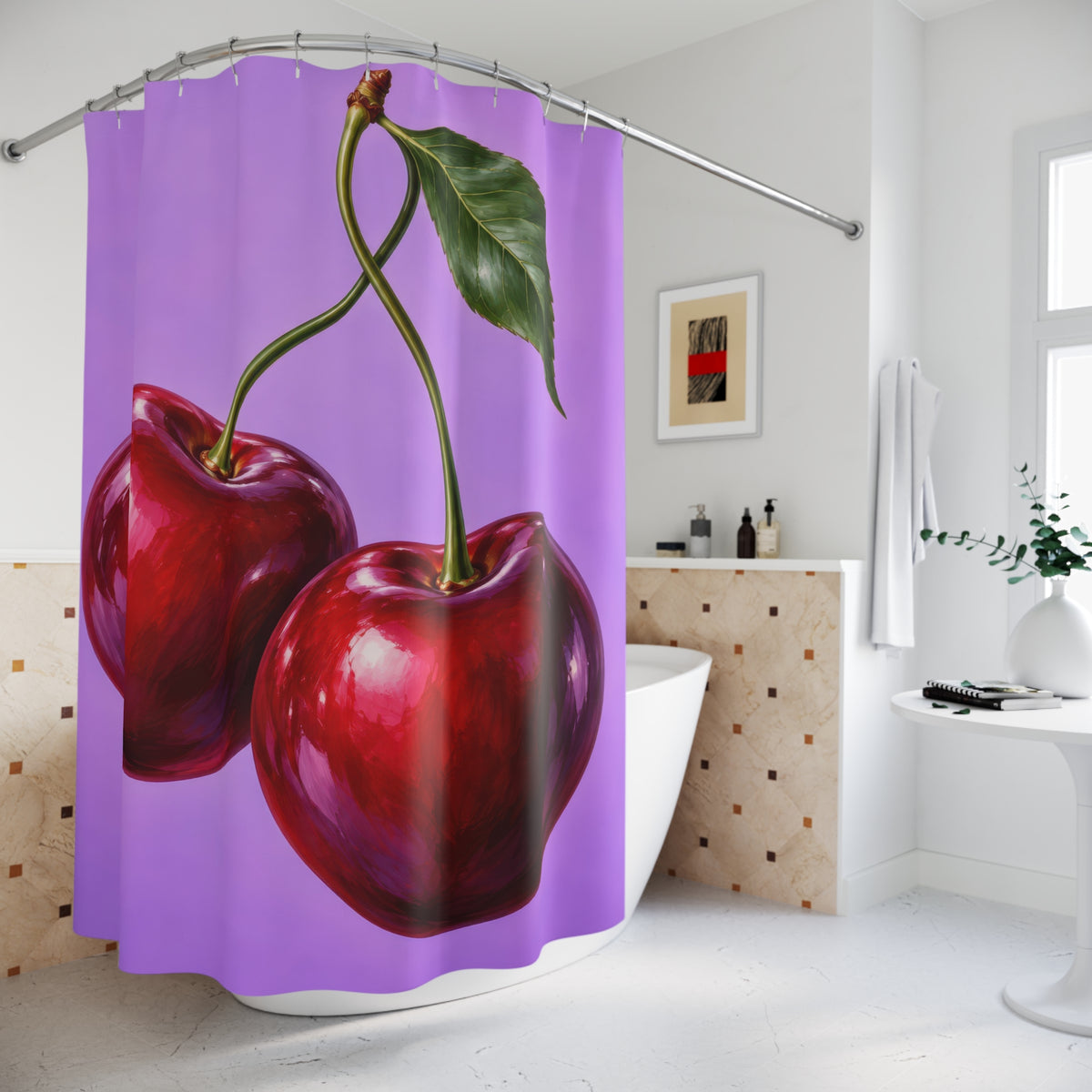 Two glossy red cherries with green stems on lilac shower curtain beside a freestanding tub