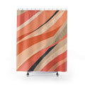 Sweeping coral ribbons with hand-drawn sprig marks shower curtain with full front view