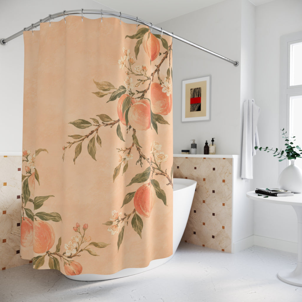 Peachy orchard fruit and cream blossoms shower curtain beside a freestanding tub