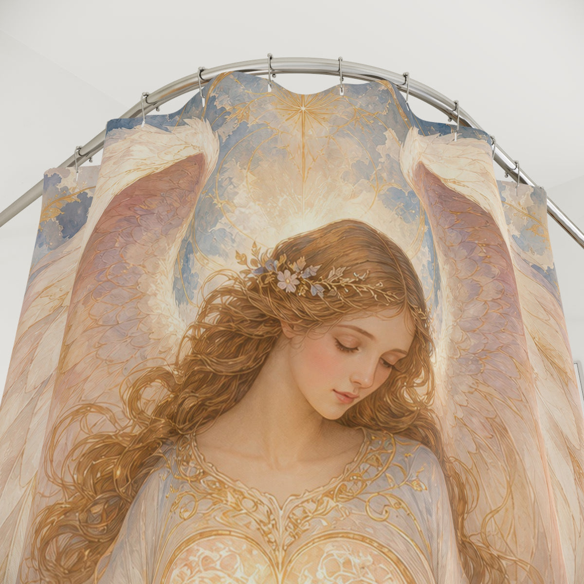 Guardian Angel soft pastel protective shower curtain with close-up print, hooks, and folds