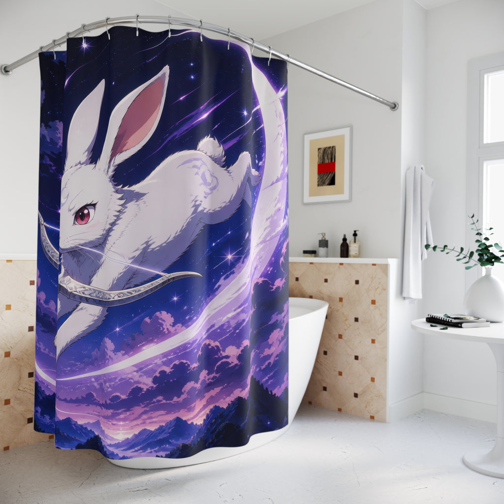 Moon rabbit archer leaping across a silver crescent shower curtain beside a freestanding tub