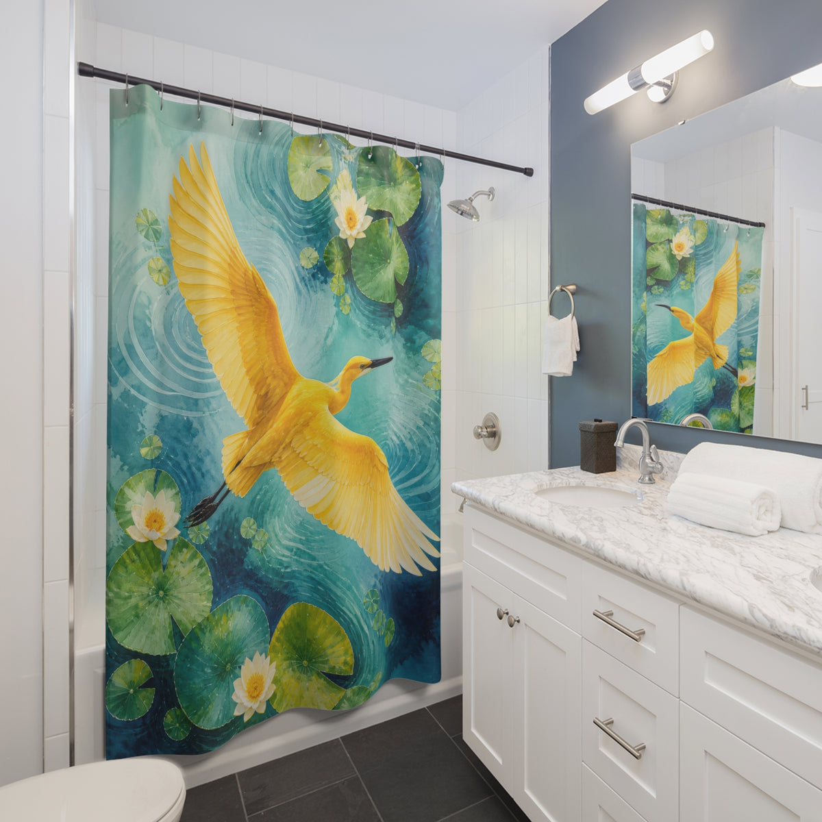 Marigold yellow bird over turquoise lily pads shower curtain beside a white vanity
