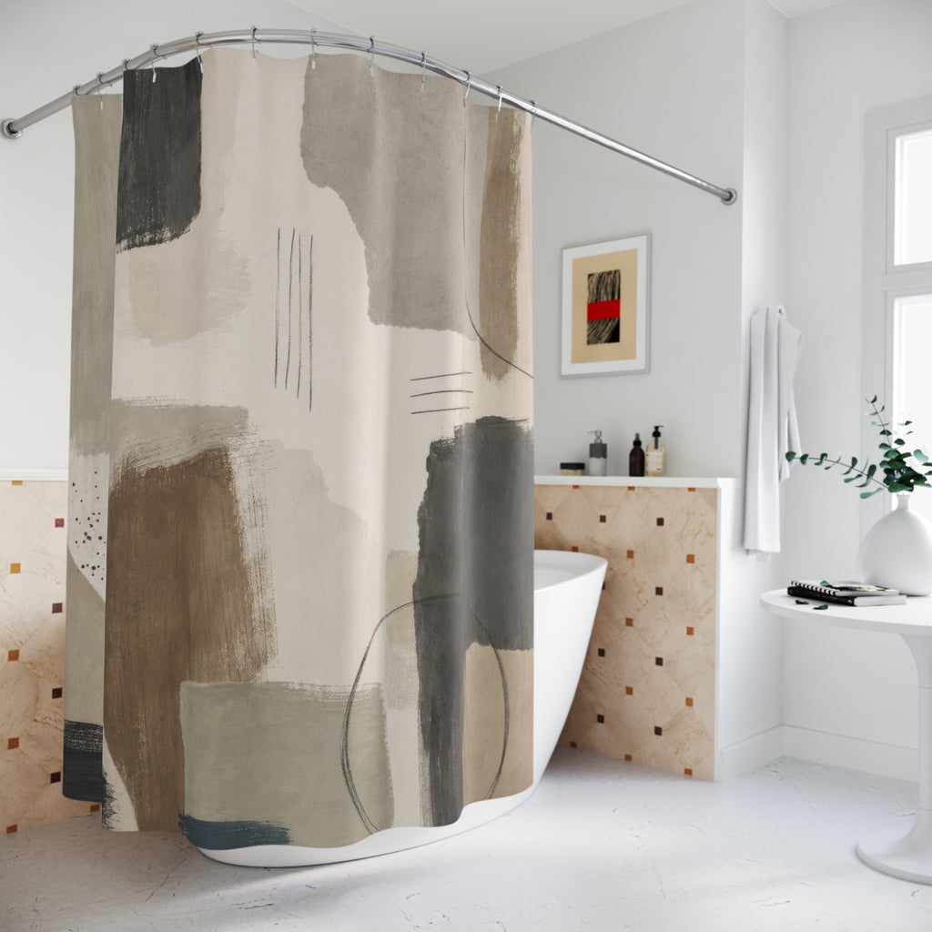 Neutral Abstract Shower Curtain, Painterly Brushstroke Pattern, Beige Black Taupe Modern Bathroom Decor, Minimal Art Bath Style, Organic