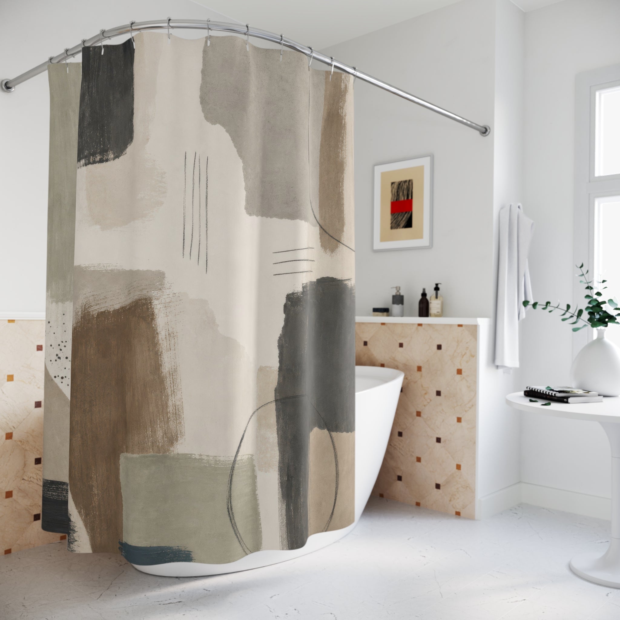 Neutral Abstract Shower Curtain, Painterly Brushstroke Pattern, Beige Black Taupe Modern Bathroom Decor, Minimal Art Bath Style, Organic