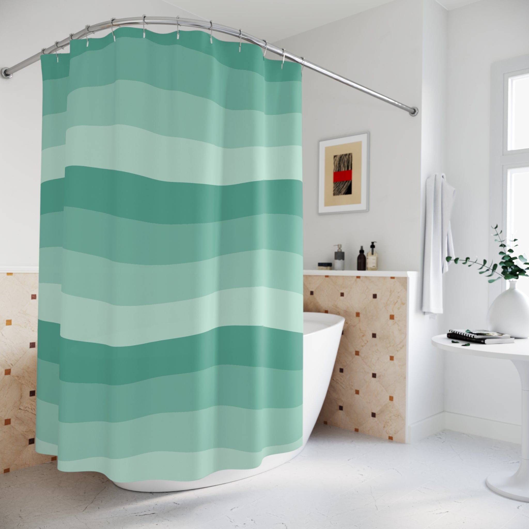 Green Seafoam Shower Curtain: Wavy Coastal Stripe