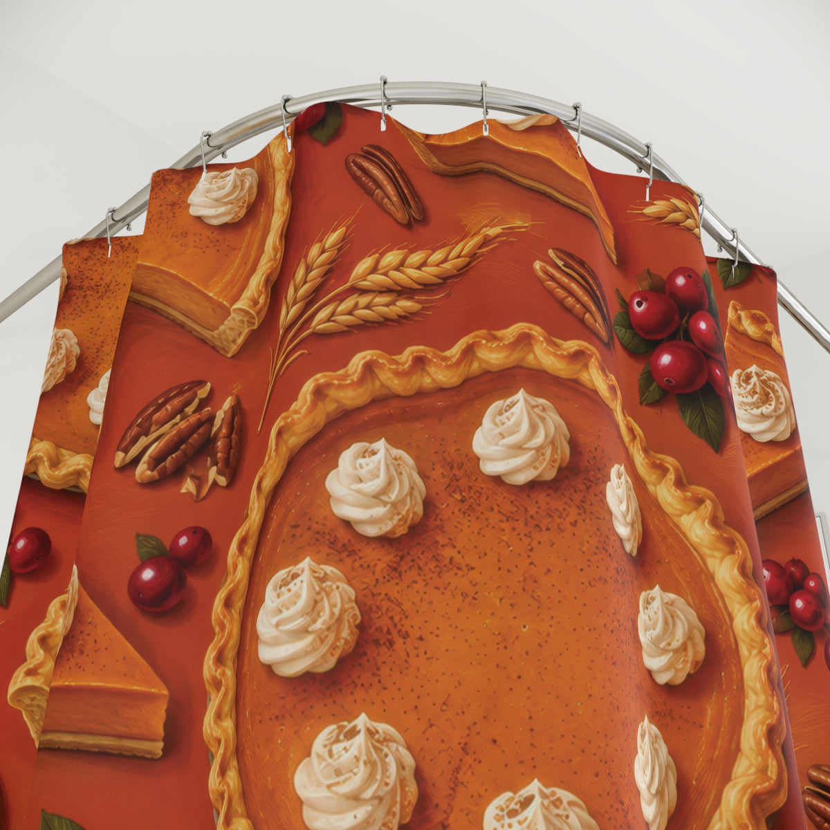 Orange pumpkin pies with cream, cranberries and pecans shower curtain with close-up print, hooks, and folds