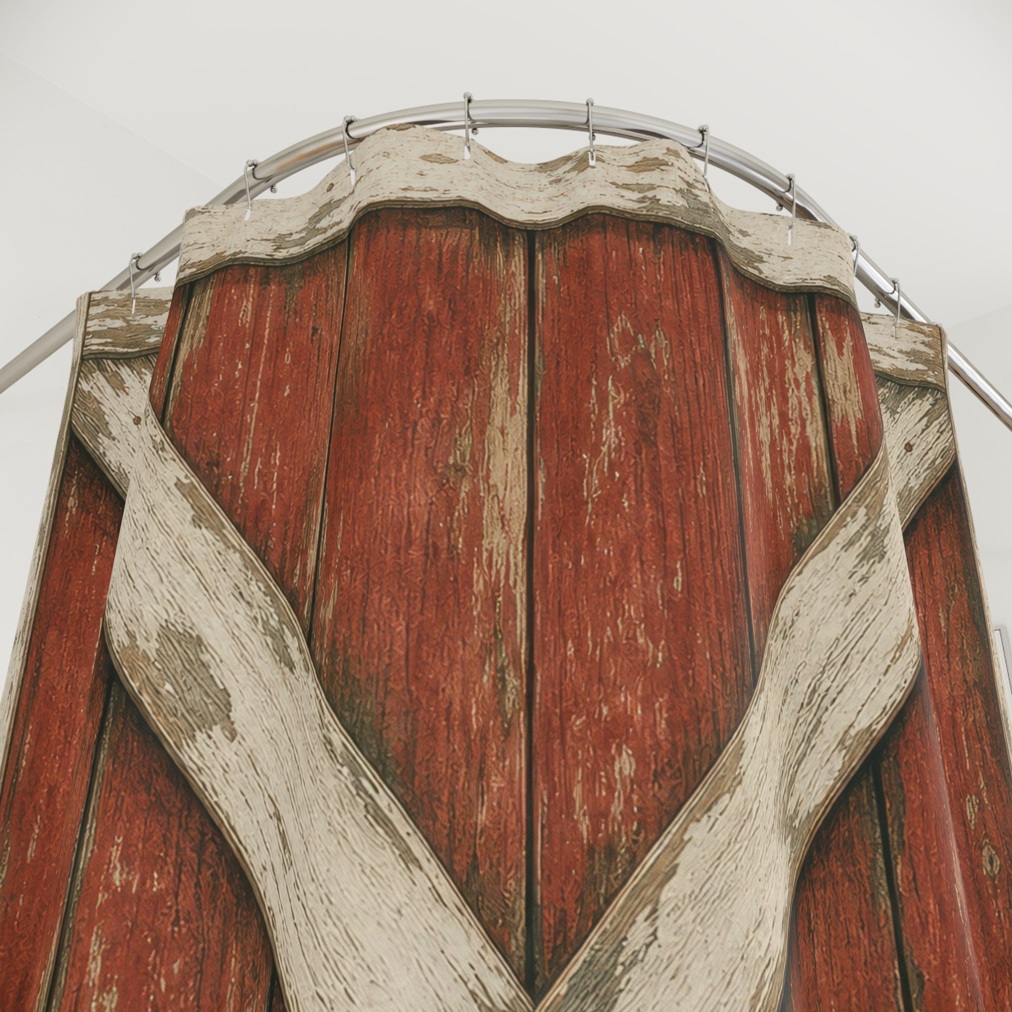 Barn Shower Curtain, Red Weathered Door Pattern, Rustic Farmhouse Bathroom Decor, Country Guest Bath Wood Lodge Style Art