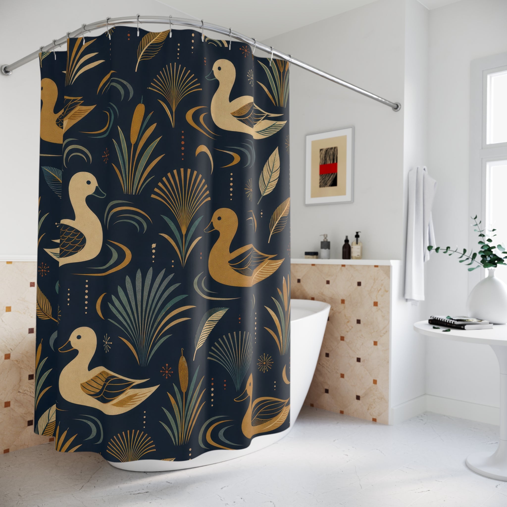 Navy Gold Duck Fan Shower Curtain