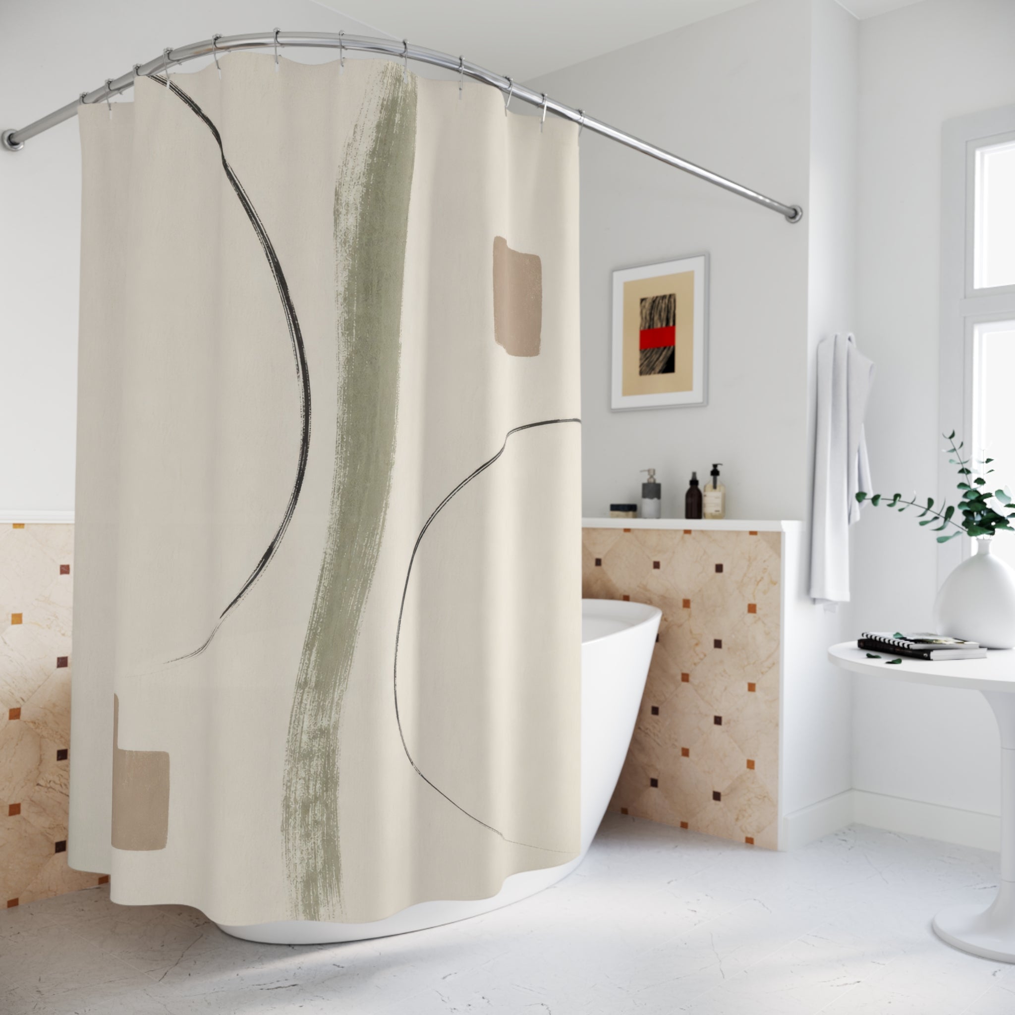 Beige Black Abstract Line Art Shower Curtain