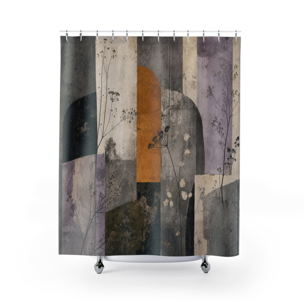 Art Deco Shower Curtain, Grey Purple Abstract Arches, Black Gold Modern Art Bath Decor, Geometric Guest Bathroom, Small Bath, Dark Decor