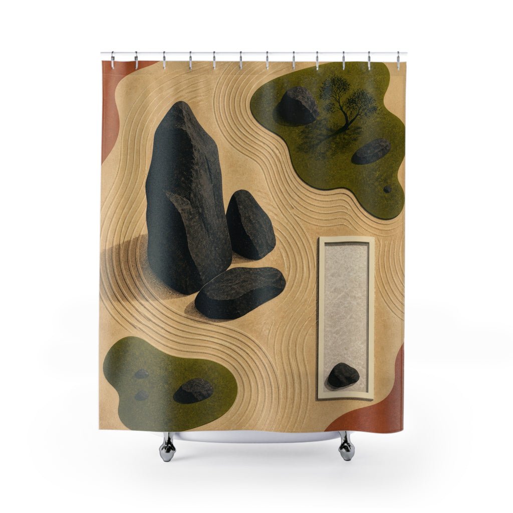 Abstract overhead map of raked gravel, moss, and stones shower curtain with full front view