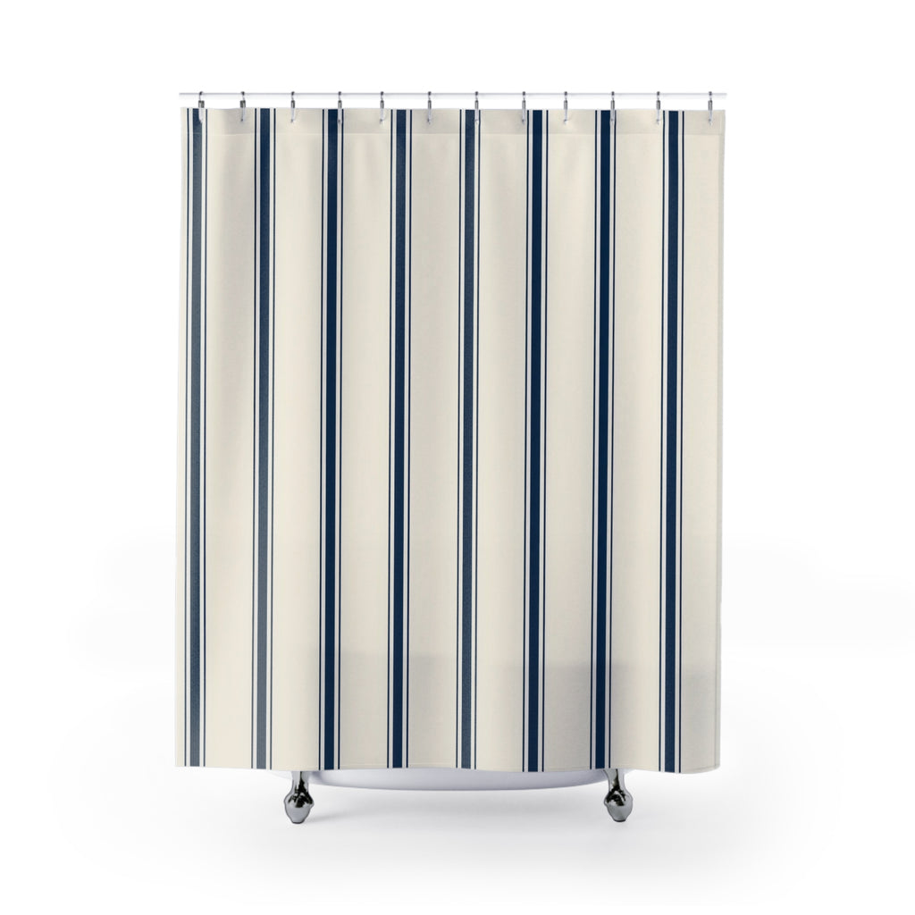 Navy Ticking Stripe Shower Curtain, Tailored Blue Pinstripe Pattern