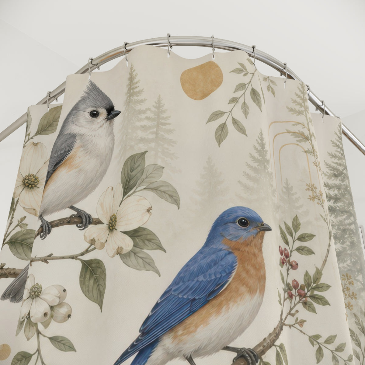 Titmouse bluebird grosbeak and wren among sage botanicals shower curtain with close-up print, hooks, and folds