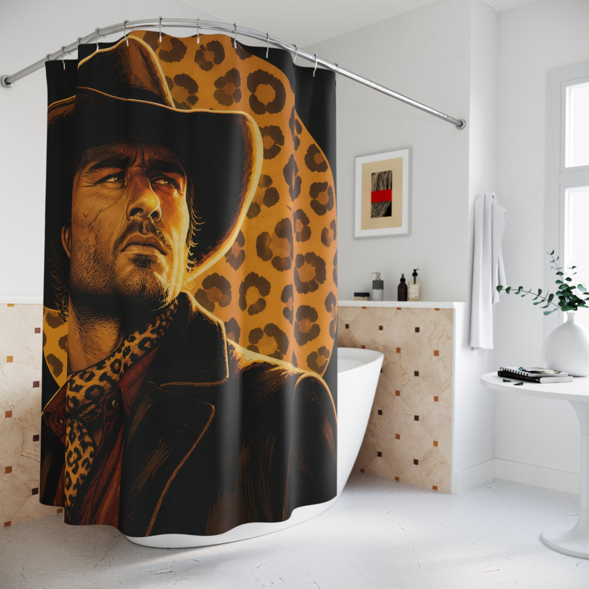 Cowboy portrait layered with bold leopard print shower curtain beside a freestanding tub
