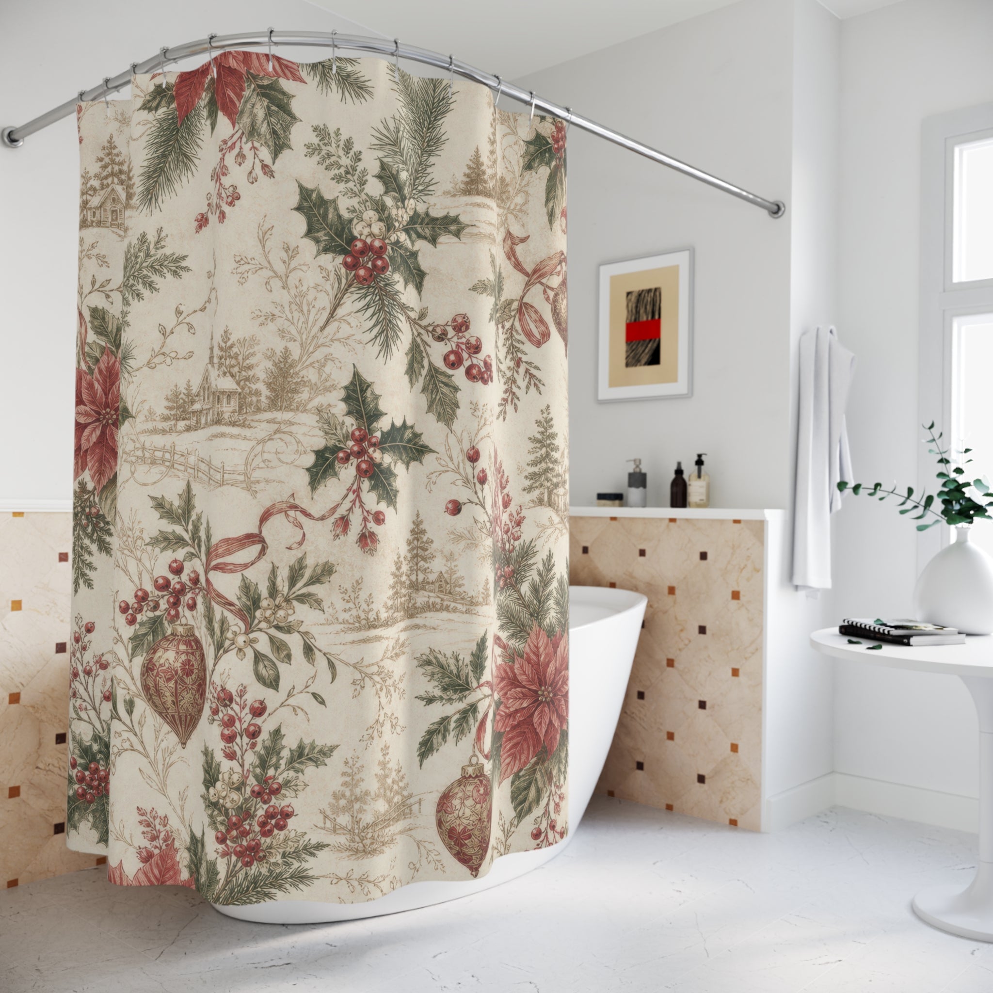 Vintage Holiday Floral Christmas Shower Curtain