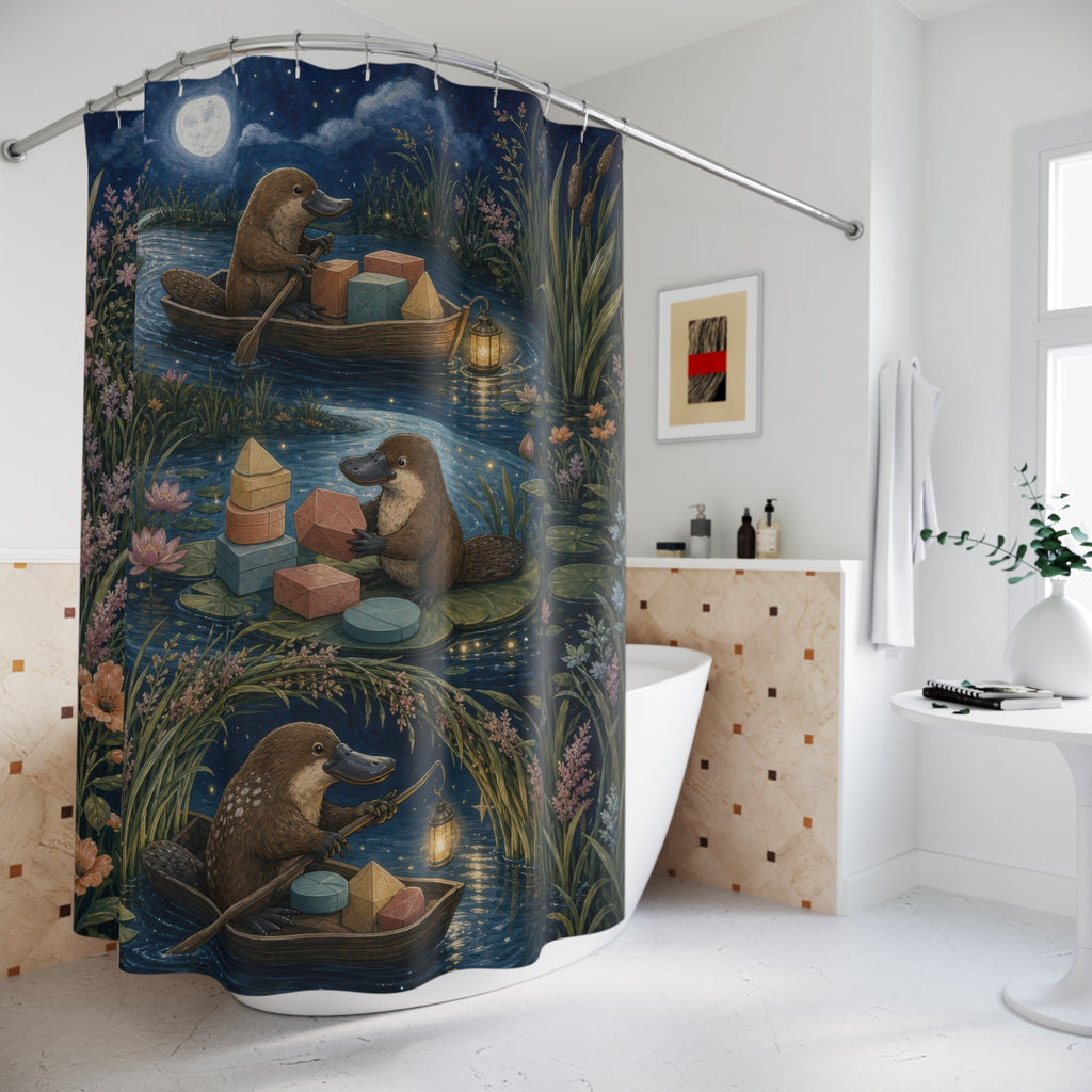 Whimsical platypus postal boats on a moonlit canal shower curtain beside a freestanding tub
