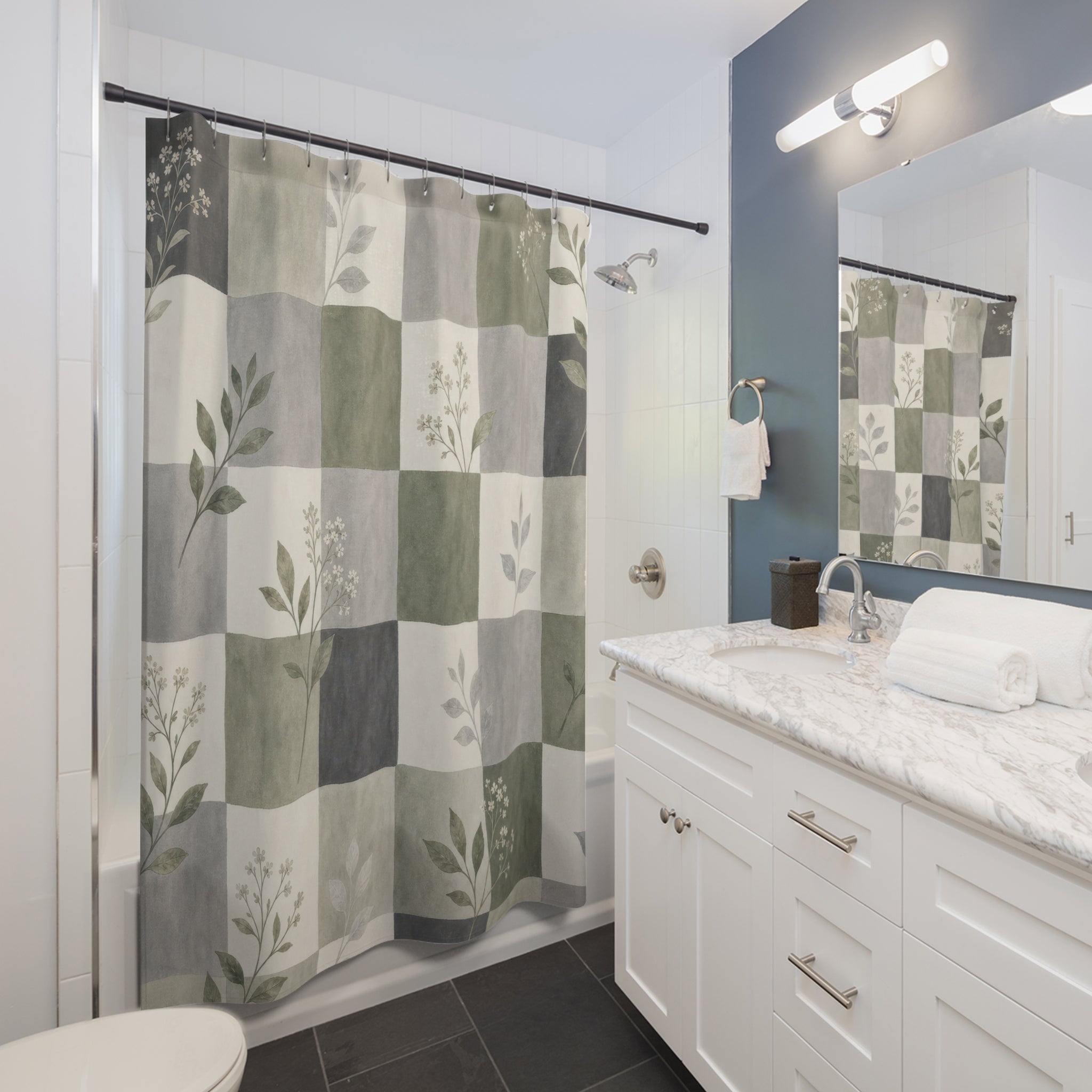 Green Grey Patchwork Shower Curtain