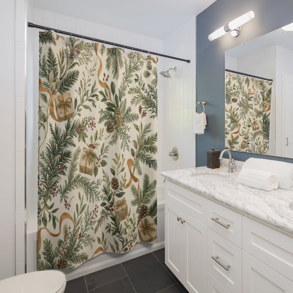 Green Botanical Christmas Shower Curtain