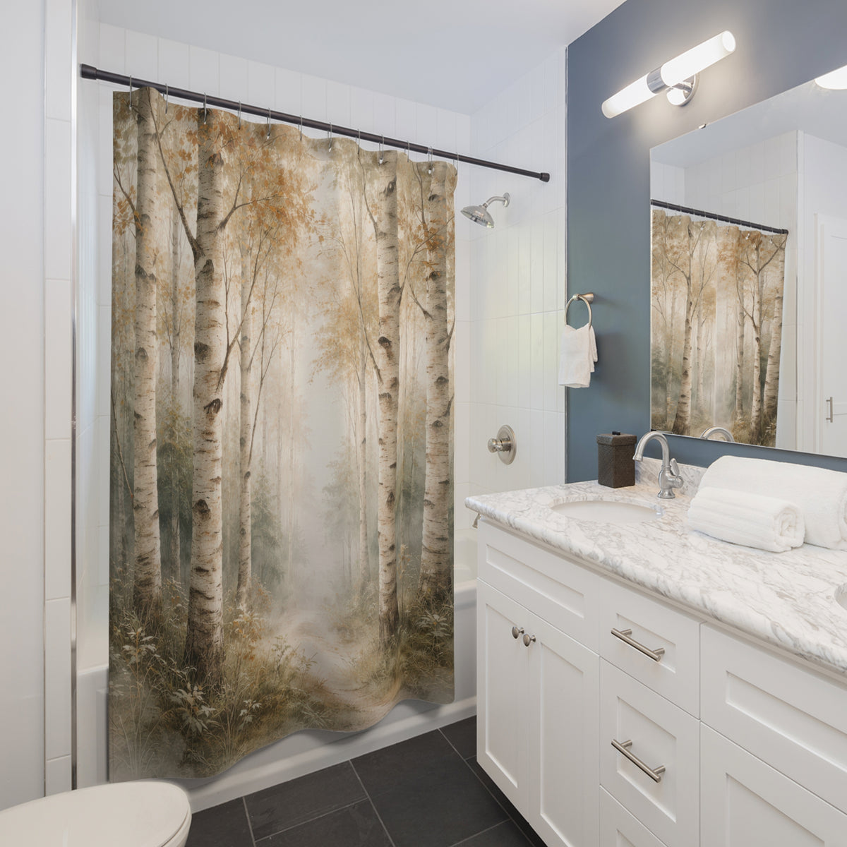 Birch Forest Shower Curtain – Beige and Sage